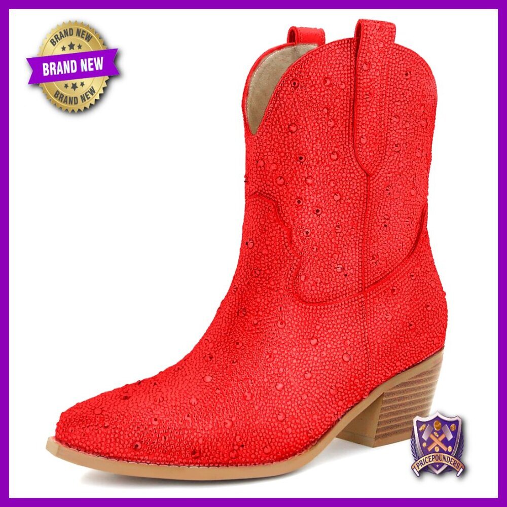 Rhinestone Cowboy Boots Sparkly Western Ankle Booties Pointed Toe Block Heel